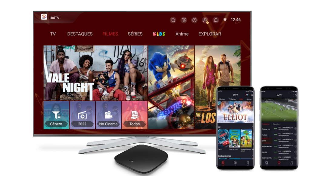 UniTV application interface on TV, TV Box and mobile devices